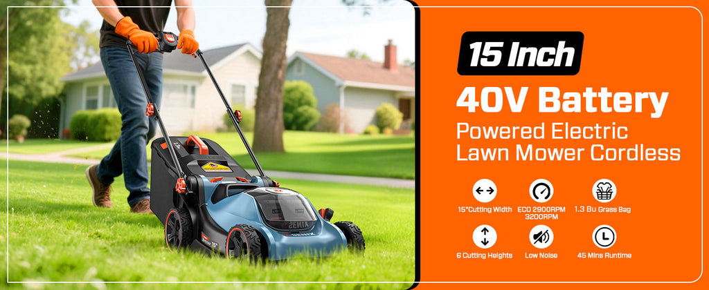 40V Cordless Lawn Mower,15" 2-in-1 Mulch/Bag,6-Position Height Adjust,ECO Mode &amp; Battery Indicator,Foldable Handle,1.3 Bushel Grass Bag,2×4Ah Batteries+3.0A Charger