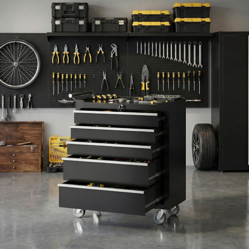 Rolling Tool Chest with Wheels, 5 Drawer Tool StoraCabinet, Portable Toolbox Organizer with Lock, Heavy Duty Tool Chest Cart for Garage, Mechanic, Workshop, Shop, Mobile Tool Organizer, Black