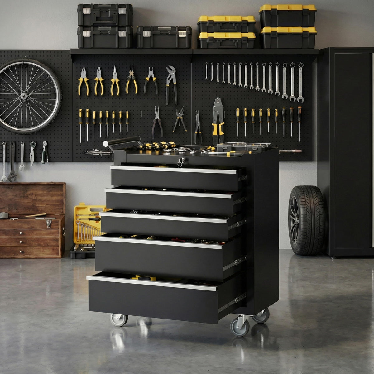 Rolling Tool Chest with Wheels, 5 Drawer Tool StoraCabinet, Portable Toolbox Organizer with Lock, Heavy Duty Tool Chest Cart for Garage, Mechanic, Workshop, Shop, Mobile Tool Organizer, Black