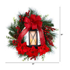 28 in. Red Pre-Lit Poinsettia and Berry Holiday Lantern Artificial Christmas Wreath with LED Candle