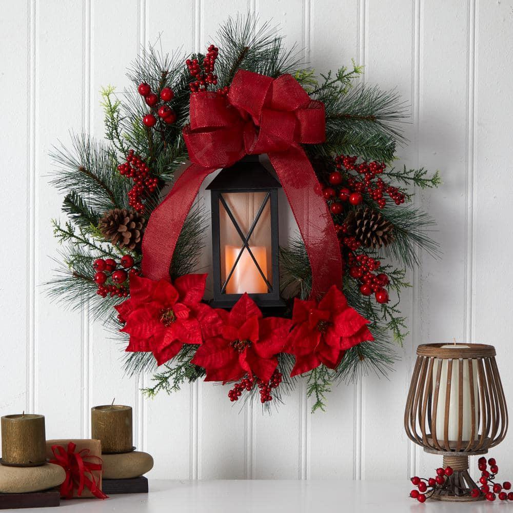 28 in. Red Pre-Lit Poinsettia and Berry Holiday Lantern Artificial Christmas Wreath with LED Candle