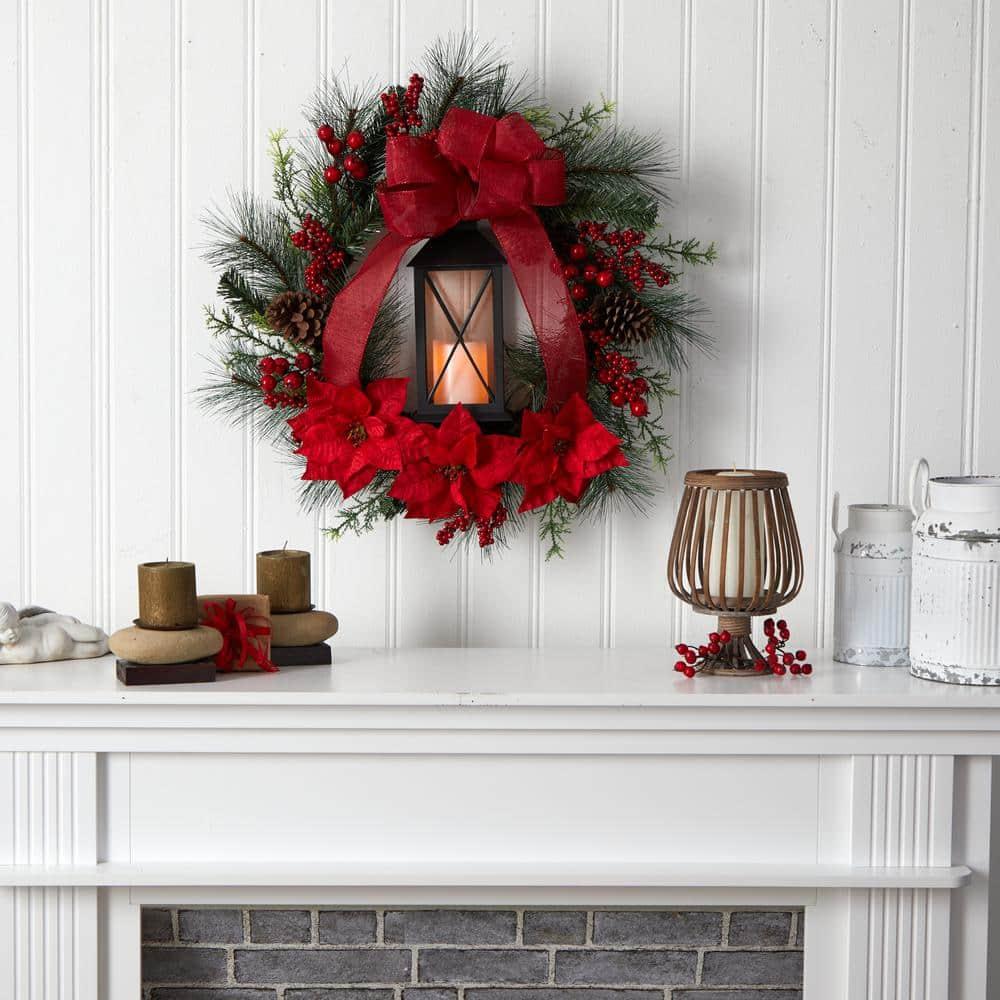 28 in. Red Pre-Lit Poinsettia and Berry Holiday Lantern Artificial Christmas Wreath with LED Candle