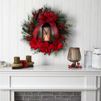 28 in. Red Pre-Lit Poinsettia and Berry Holiday Lantern Artificial Christmas Wreath with LED Candle