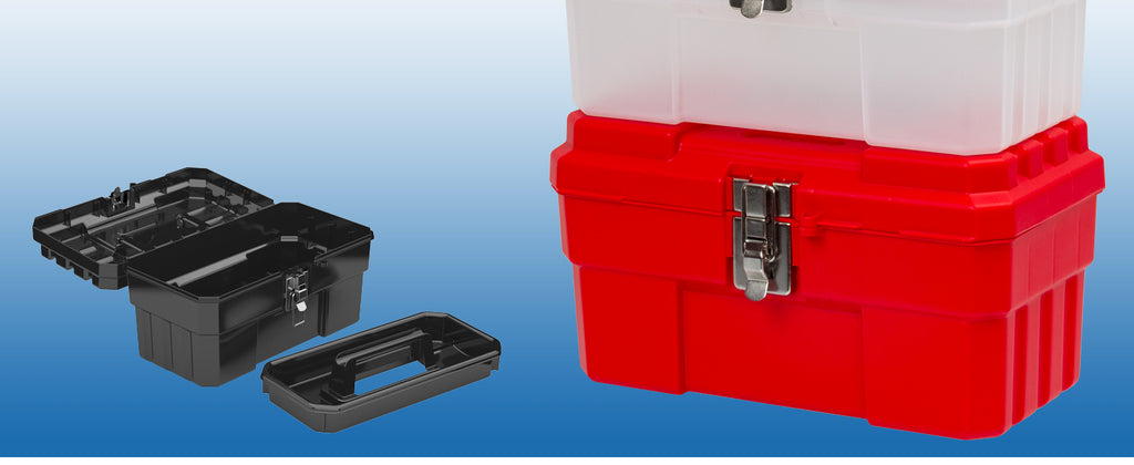 14-Inch Plastic Toolbox with Removable Tray, Steel Latch & Padlock Eye, Industrial-Grade Tool Box for Tools, Crafts, First Aid & Hobby Supplies, 14" x 8" x 8", Made in USA, Black (09514)