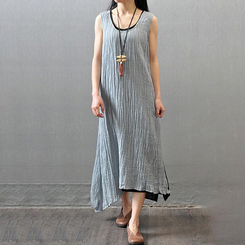 Casual Summer Women Wrinkled Gray Sleeveless Dress