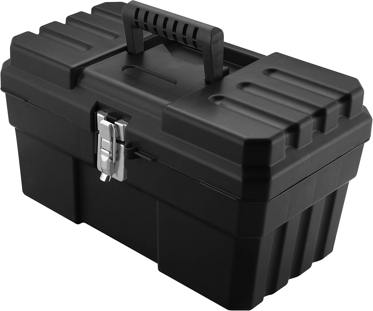 14-Inch Plastic Toolbox with Removable Tray, Steel Latch & Padlock Eye, Industrial-Grade Tool Box for Tools, Crafts, First Aid & Hobby Supplies, 14" x 8" x 8", Made in USA, Black (09514)