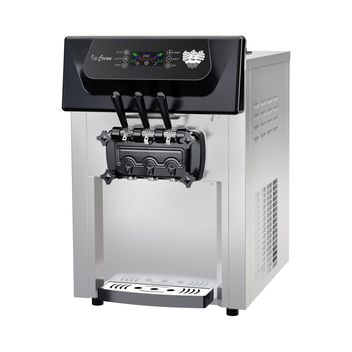 Commercial 2+1 Flavor Soft Serve Ice Cream Maker Machine, 7.4 Gal/Hour Countertop Ice Cream Machine with Self-Cleaning, LCD Display & Adjustable Hardness for Restaurants, Bubble Tea and Snack Shops, 2
