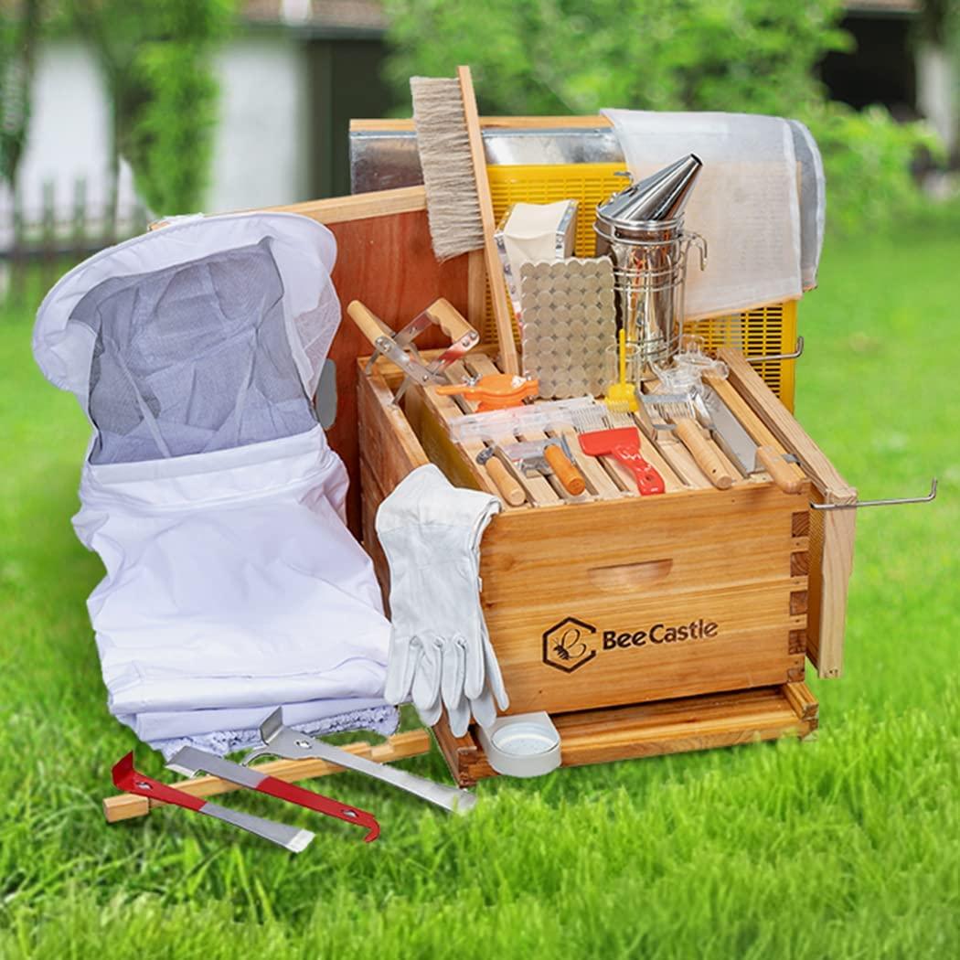 8-frame bee hives and supplies starter kit,beehive kit dipped in 100% beeswax,bee keeping supplies-all beginners kit includes beekeeping supplies tool set and bee suit.