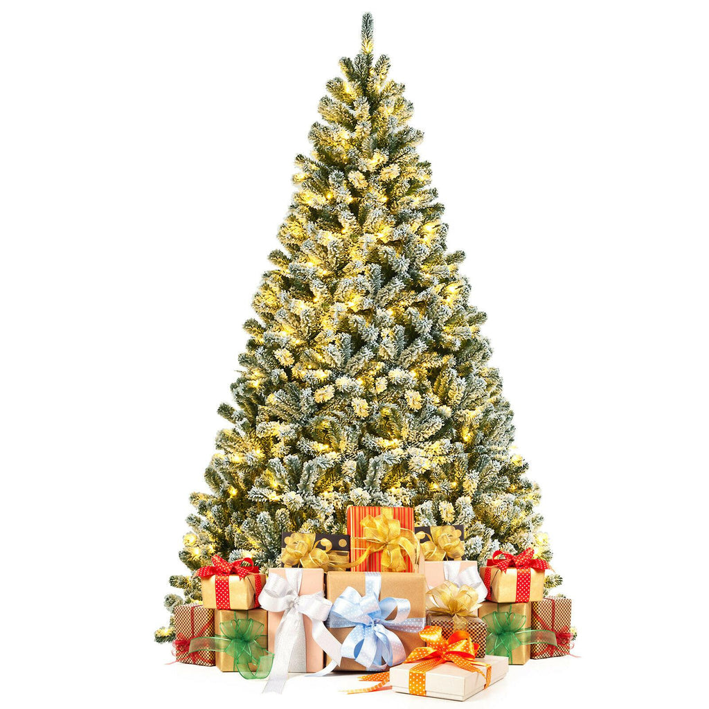 8' Pre-lit Snow Flocked Hinged Christmas Tree w/1502 Tips &amp; Metal Stand