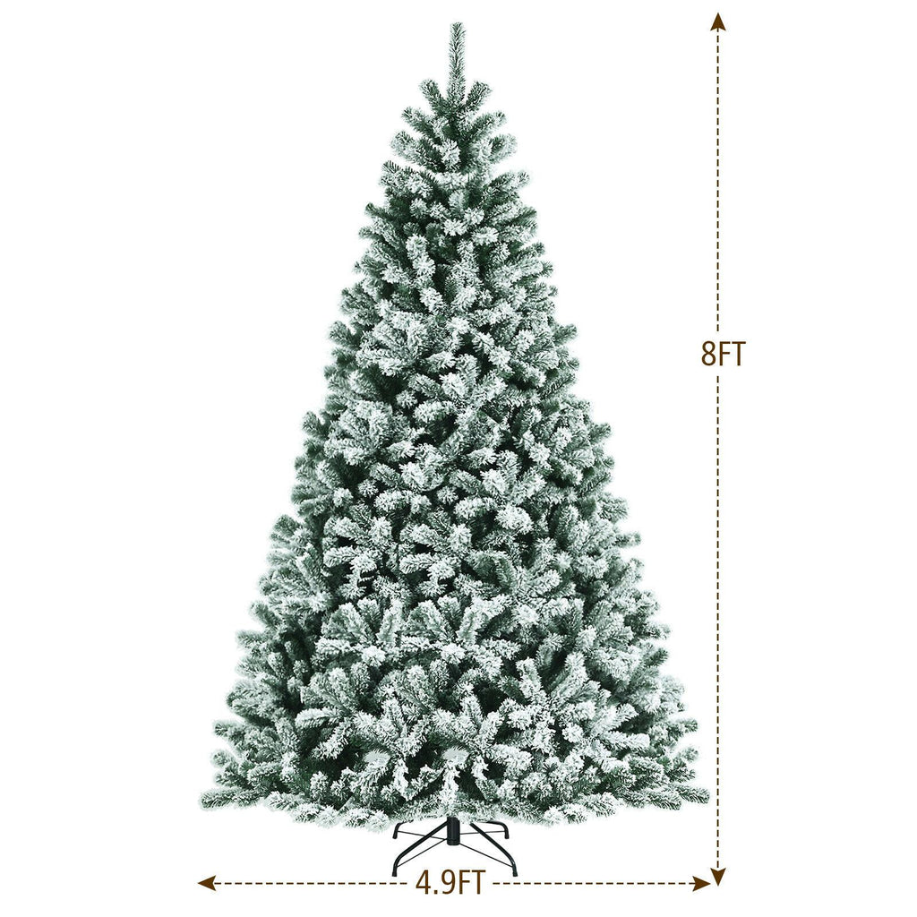 8' Pre-lit Snow Flocked Hinged Christmas Tree w/1502 Tips &amp; Metal Stand