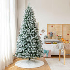 8' Pre-lit Snow Flocked Hinged Christmas Tree w/1502 Tips &amp; Metal Stand
