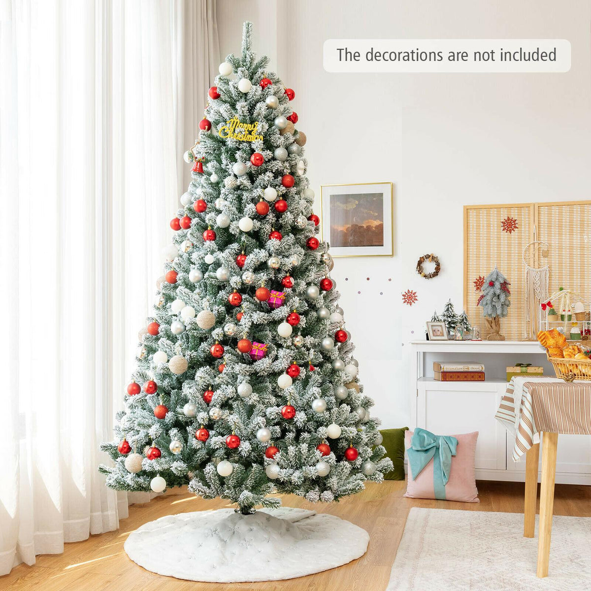 8' Pre-lit Snow Flocked Hinged Christmas Tree w/1502 Tips &amp; Metal Stand