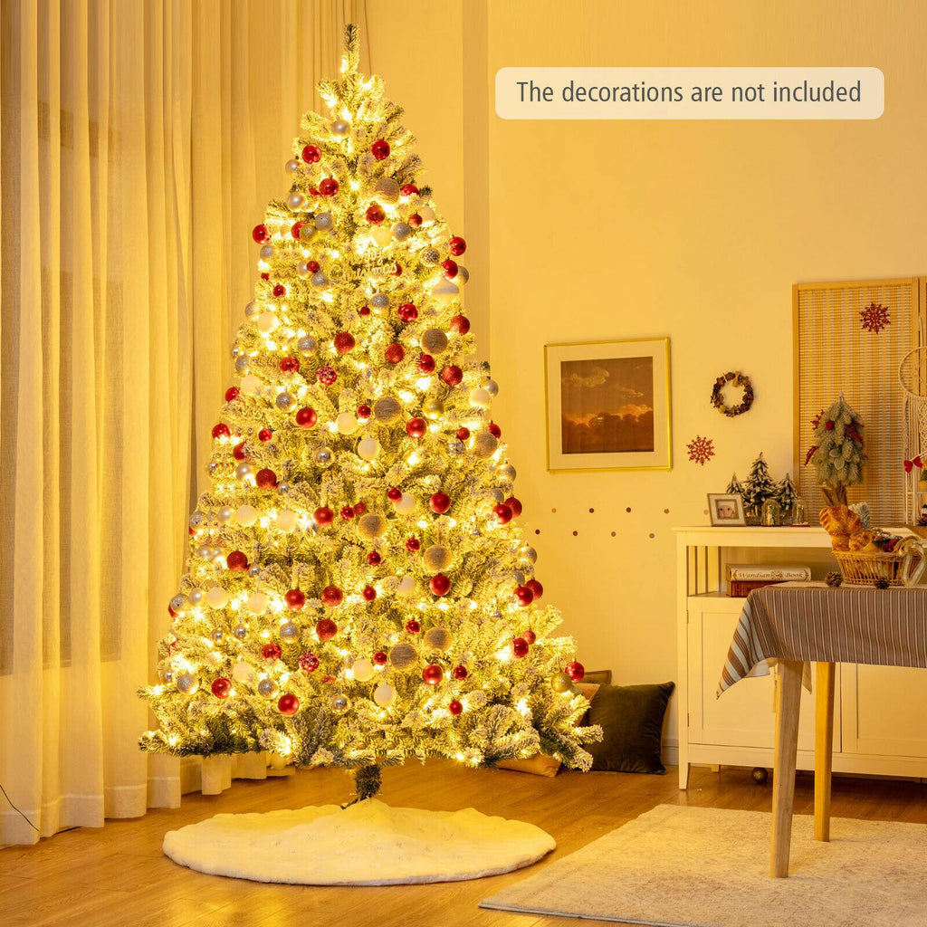 8' Pre-lit Snow Flocked Hinged Christmas Tree w/1502 Tips &amp; Metal Stand