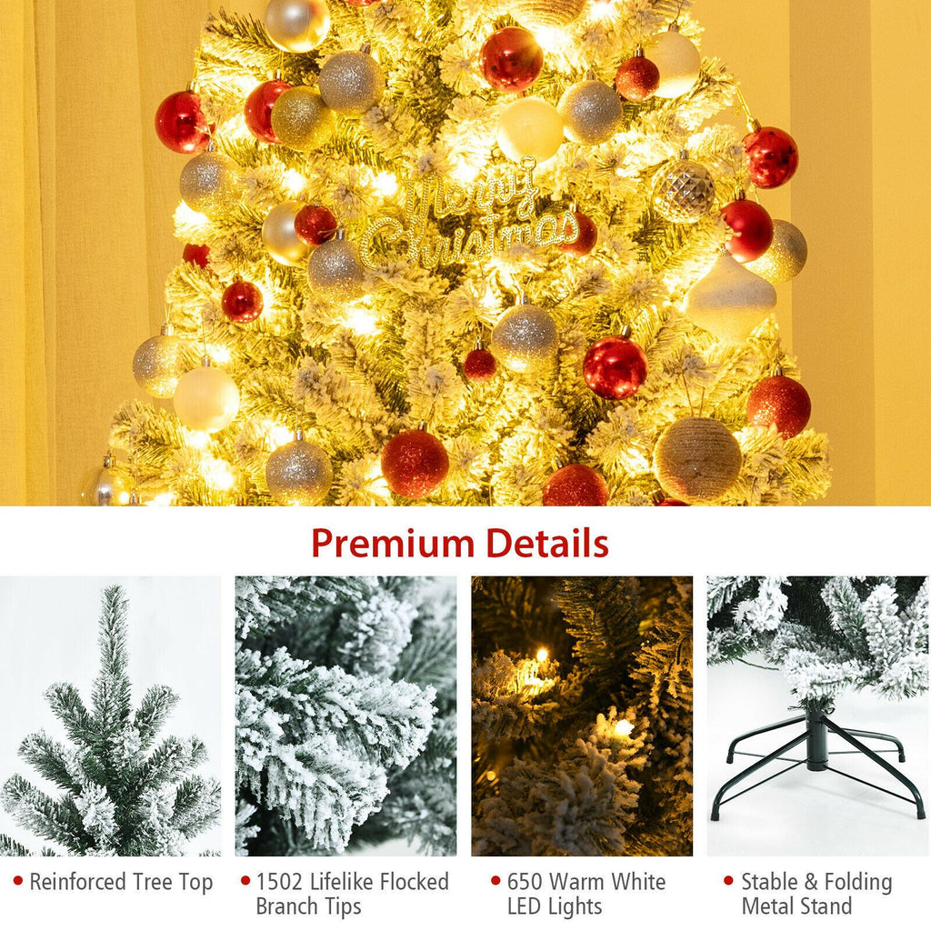 8' Pre-lit Snow Flocked Hinged Christmas Tree w/1502 Tips &amp; Metal Stand