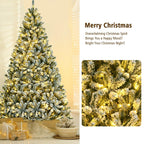 8' Pre-lit Snow Flocked Hinged Christmas Tree w/1502 Tips &amp; Metal Stand