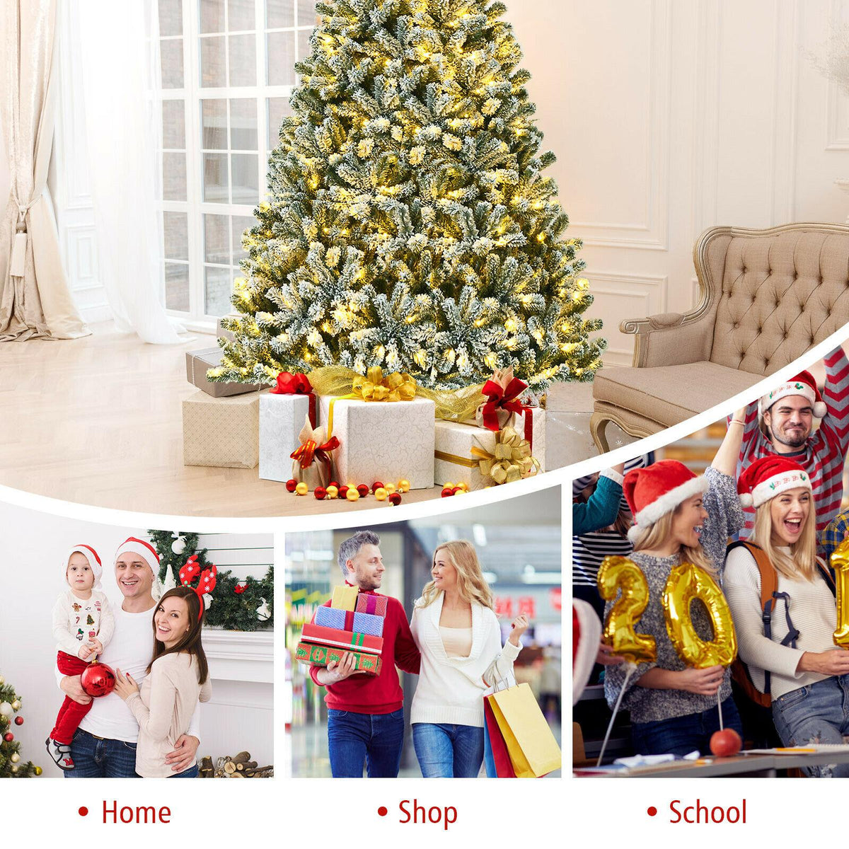8' Pre-lit Snow Flocked Hinged Christmas Tree w/1502 Tips &amp; Metal Stand