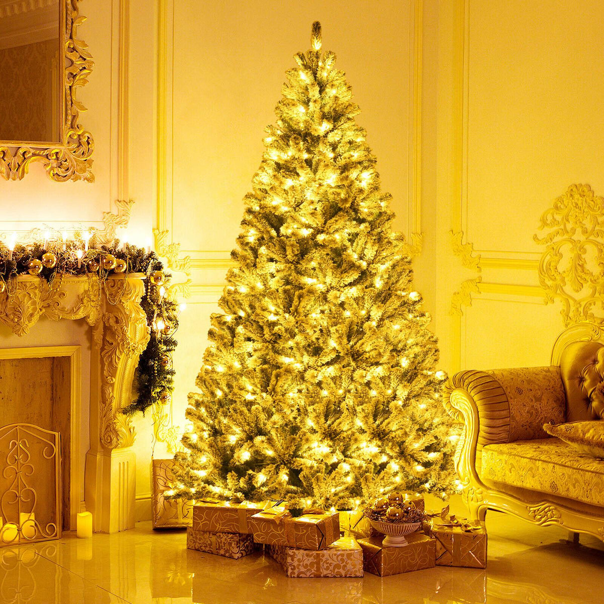 8' Pre-lit Snow Flocked Hinged Christmas Tree w/1502 Tips &amp; Metal Stand