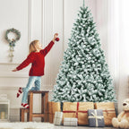 8' Pre-lit Snow Flocked Hinged Christmas Tree w/1502 Tips &amp; Metal Stand
