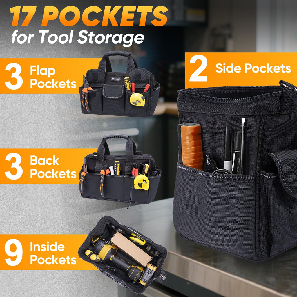 Heavy Duty Tool Bag with Multi-Pockets, Portable Tool Box Organizer StoraBag, with Adjustable Shoulder Strap and Ergonomic Handle (Black, 12" Standard Base)