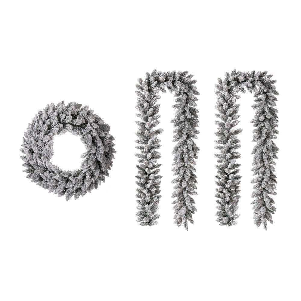 2-Pack 9 ft. Pre-lit LED Artificial Christmas Garland and 24 in. D Pre-Lit Snow Flocked Christmas Wreath Set