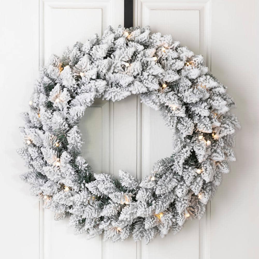 2-Pack 9 ft. Pre-lit LED Artificial Christmas Garland and 24 in. D Pre-Lit Snow Flocked Christmas Wreath Set