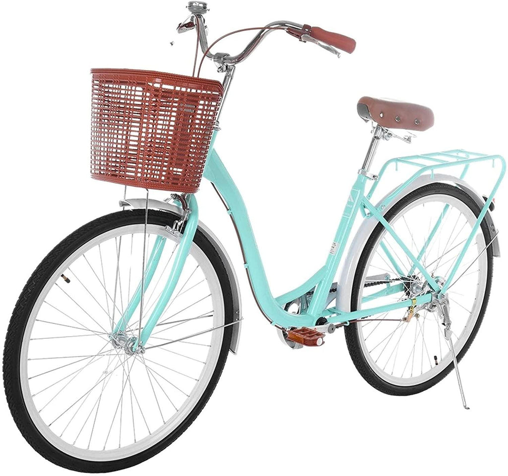 26 Inch Beach Cruiser Bicycle Women Road Bike with Basket Commute Classic Retro Bicycle Hybrid Bike White Seaside Travel Bicycle for Adult Student