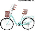 26 Inch Beach Cruiser Bicycle Women Road Bike with Basket Commute Classic Retro Bicycle Hybrid Bike White Seaside Travel Bicycle for Adult Student