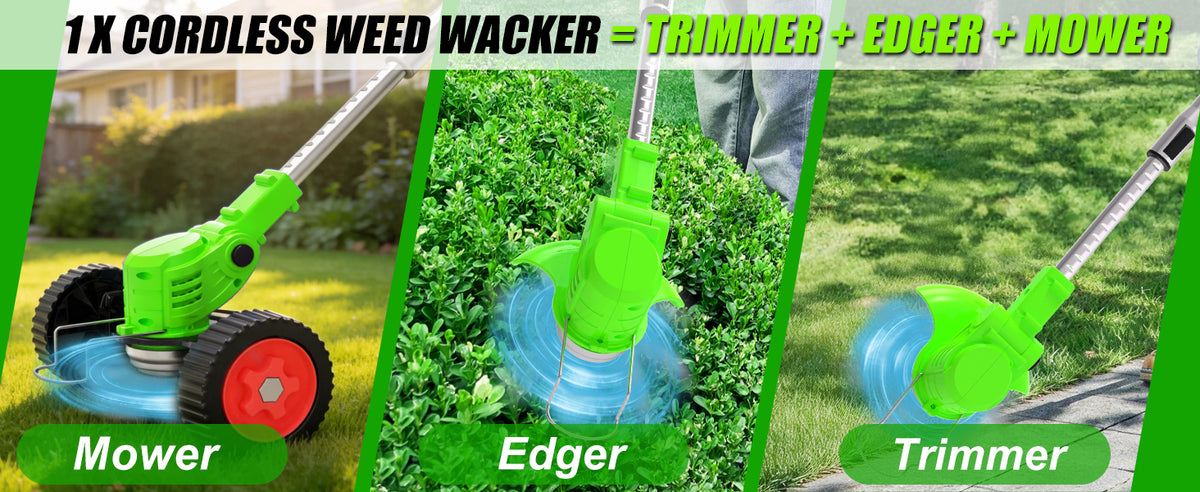 21V Electric Weed Wacker, Cordless Weed Eater Battery Powered, Lightweight Stringless Weed Trimmer with 2 Battery Operated &amp; Wheels, 4 in 1 Grass Trimmer/Brush Cutter/Lawn Edger/Mower for Garden Yard