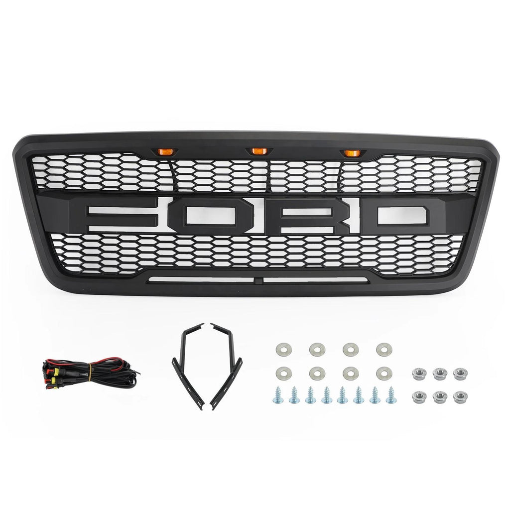 2004-2008 F150 Ford Black Raptor Style Black Front Mesh Hood Grill Grille Replacement With LED Generic