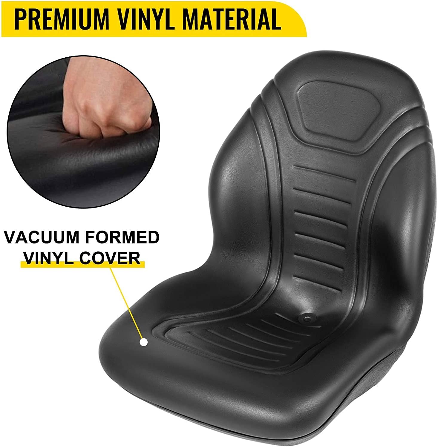 vevor universal tractor seat replacement, compact high back mower seat, black vinyl forklift seat, central drain hole skid steer seat with mounting bolt patterns of 8" x 11.5" &amp; 11.25" x 11.5"