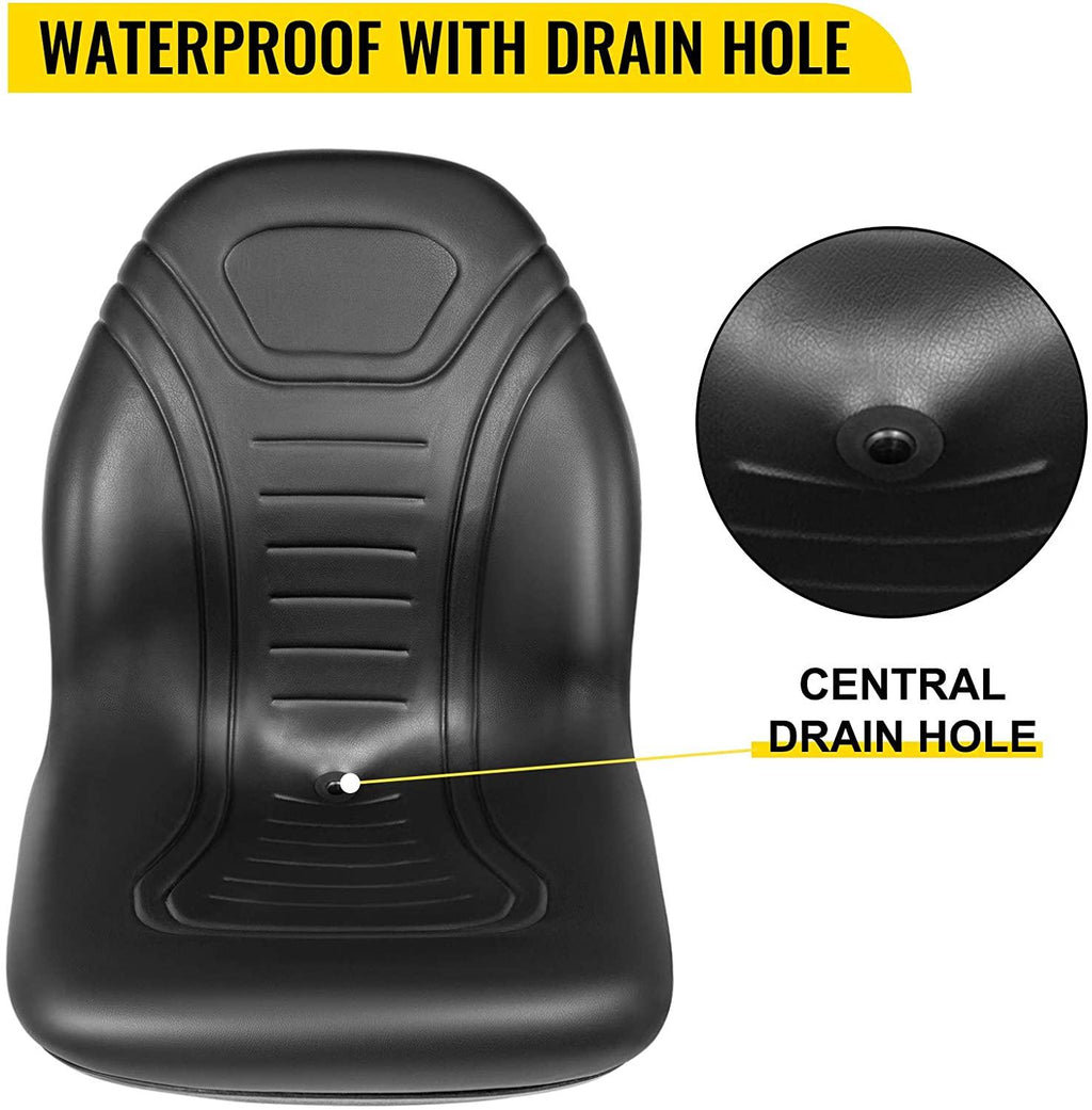 vevor universal tractor seat replacement, compact high back mower seat, black vinyl forklift seat, central drain hole skid steer seat with mounting bolt patterns of 8" x 11.5" &amp; 11.25" x 11.5"