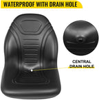 vevor universal tractor seat replacement, compact high back mower seat, black vinyl forklift seat, central drain hole skid steer seat with mounting bolt patterns of 8" x 11.5" &amp; 11.25" x 11.5"