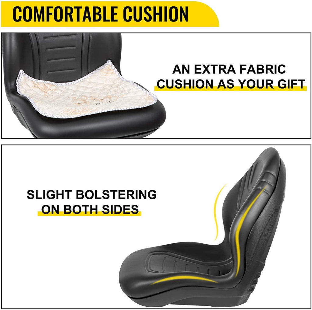 vevor universal tractor seat replacement, compact high back mower seat, black vinyl forklift seat, central drain hole skid steer seat with mounting bolt patterns of 8" x 11.5" &amp; 11.25" x 11.5"