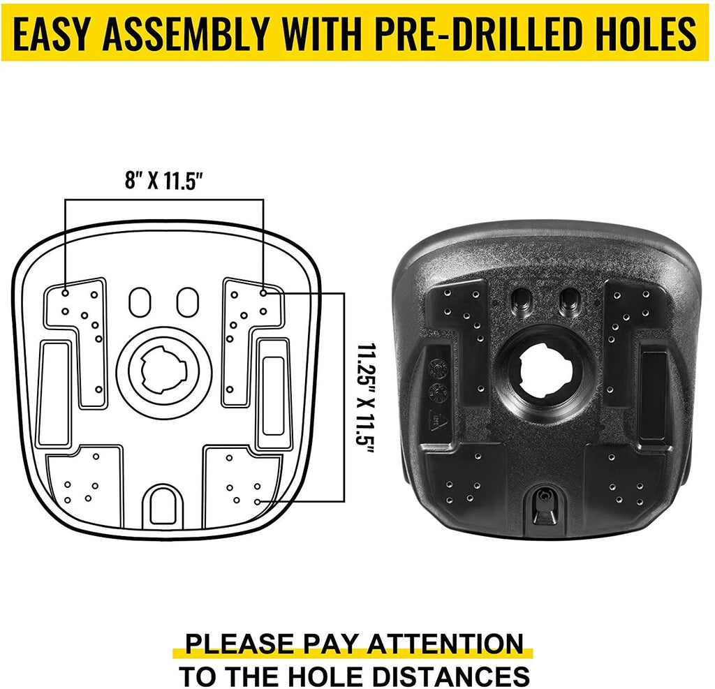 vevor universal tractor seat replacement, compact high back mower seat, black vinyl forklift seat, central drain hole skid steer seat with mounting bolt patterns of 8" x 11.5" &amp; 11.25" x 11.5"