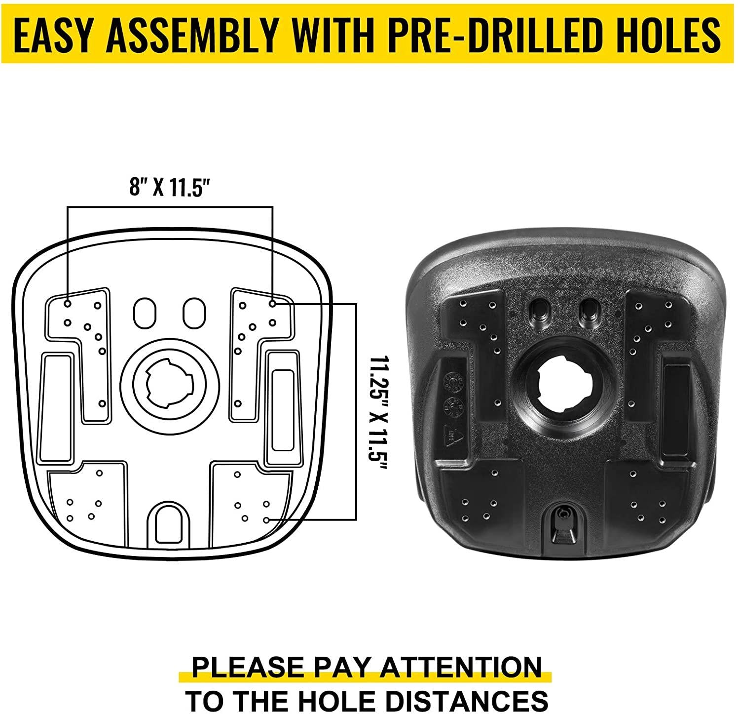 vevor universal tractor seat replacement, compact high back mower seat, black vinyl forklift seat, central drain hole skid steer seat with mounting bolt patterns of 8" x 11.5" &amp; 11.25" x 11.5"