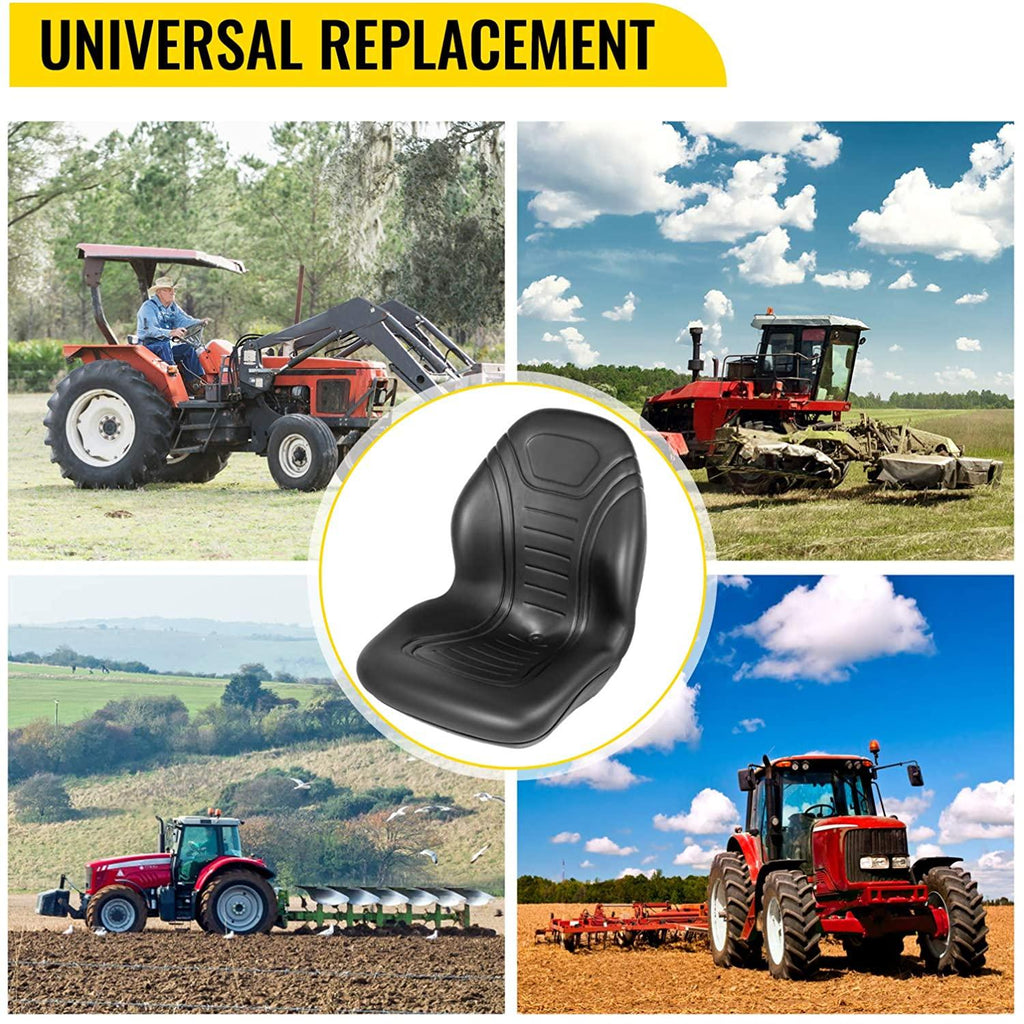 vevor universal tractor seat replacement, compact high back mower seat, black vinyl forklift seat, central drain hole skid steer seat with mounting bolt patterns of 8" x 11.5" &amp; 11.25" x 11.5"
