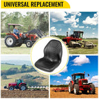 vevor universal tractor seat replacement, compact high back mower seat, black vinyl forklift seat, central drain hole skid steer seat with mounting bolt patterns of 8" x 11.5" &amp; 11.25" x 11.5"
