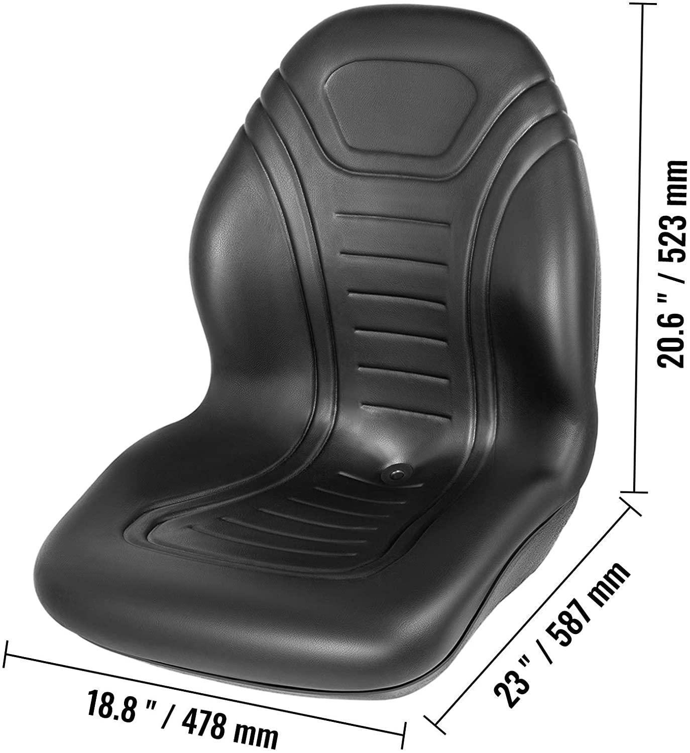 vevor universal tractor seat replacement, compact high back mower seat, black vinyl forklift seat, central drain hole skid steer seat with mounting bolt patterns of 8" x 11.5" &amp; 11.25" x 11.5"