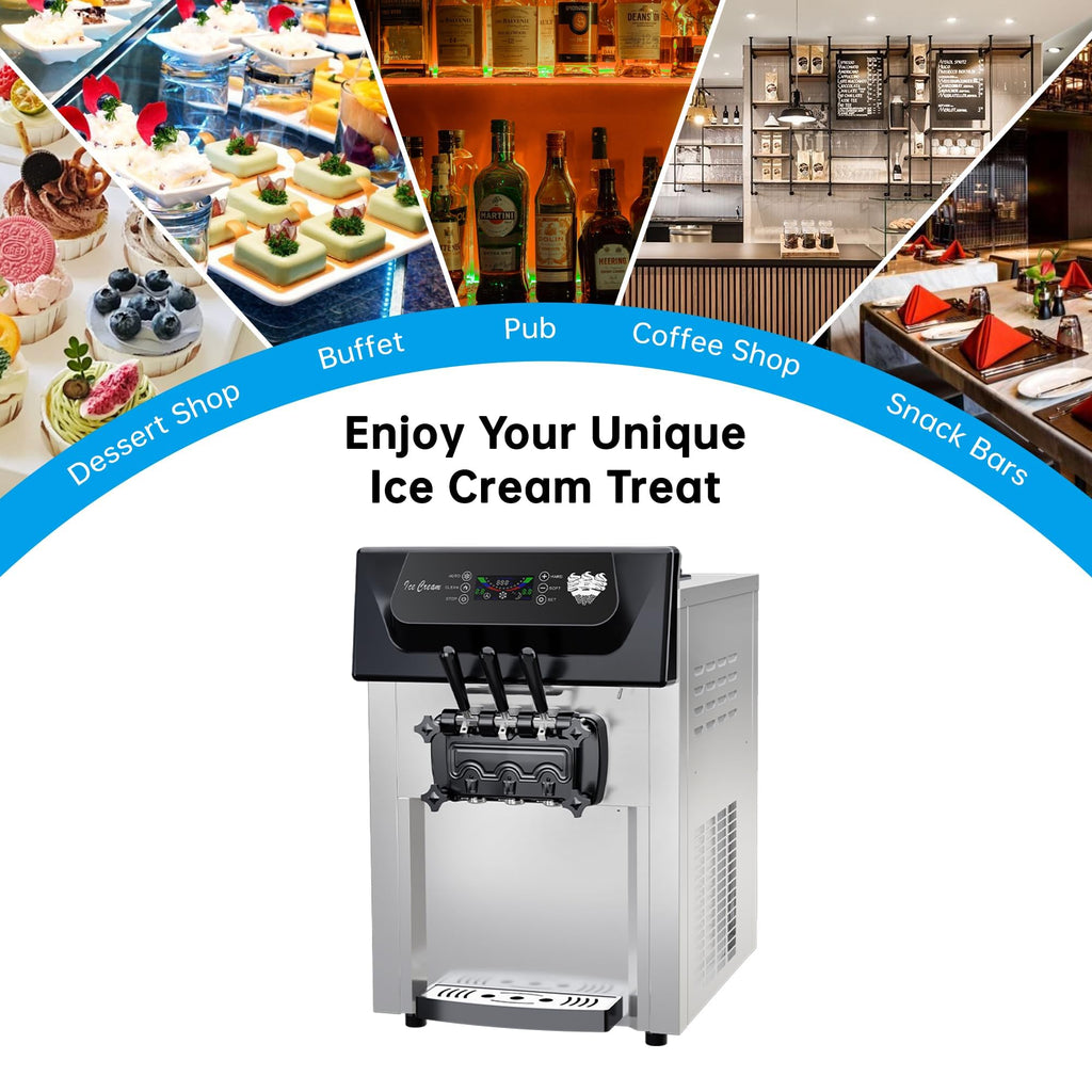 Commercial 2+1 Flavor Soft Serve Ice Cream Maker Machine, 7.4 Gal/Hour Countertop Ice Cream Machine with Self-Cleaning, LCD Display & Adjustable Hardness for Restaurants, Bubble Tea and Snack Shops, 2