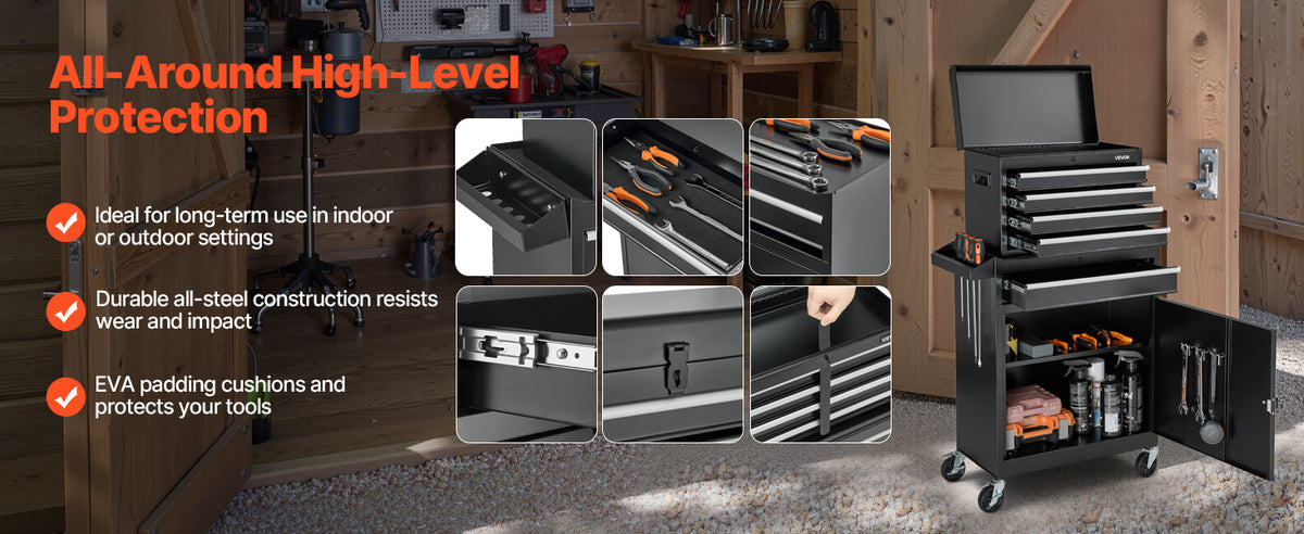 Rolling Tool Chest, 2-in-1 , 5 Drawers Tool Cabinet Organizer with Detachable Top Metal Toolbox, Lock Bar, Protective Liner, and Tools Rack, GaraStoraCabinet for Warehouse, Workshop