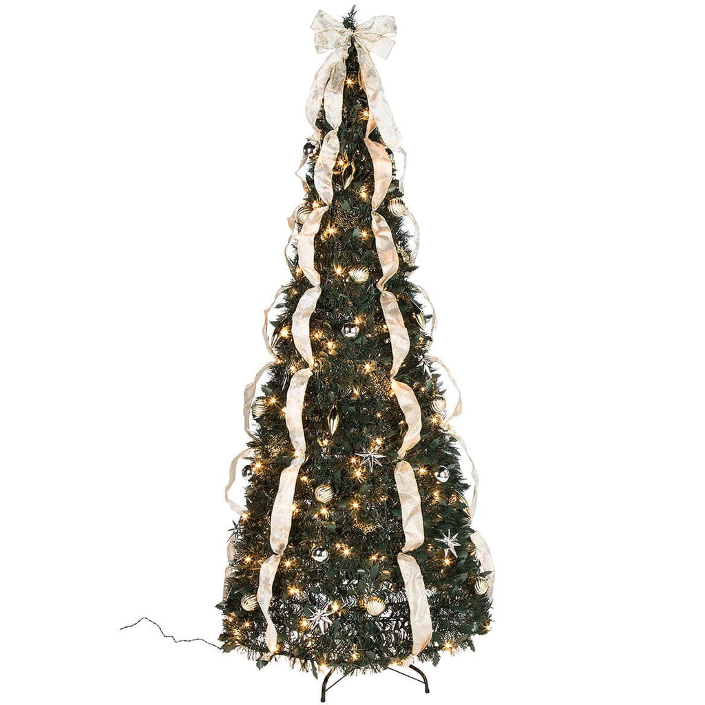 7' Silver &amp; Gold Pull-Up Christmas Tree by Holiday Peak, Pre-Lit and Fully Decorated, Collapses for Easy Storage