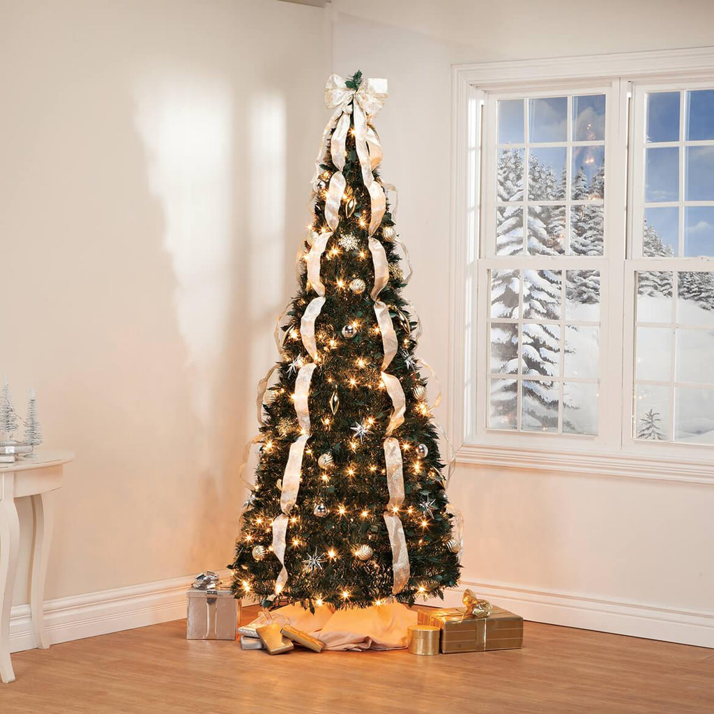 7' Silver &amp; Gold Pull-Up Christmas Tree by Holiday Peak, Pre-Lit and Fully Decorated, Collapses for Easy Storage