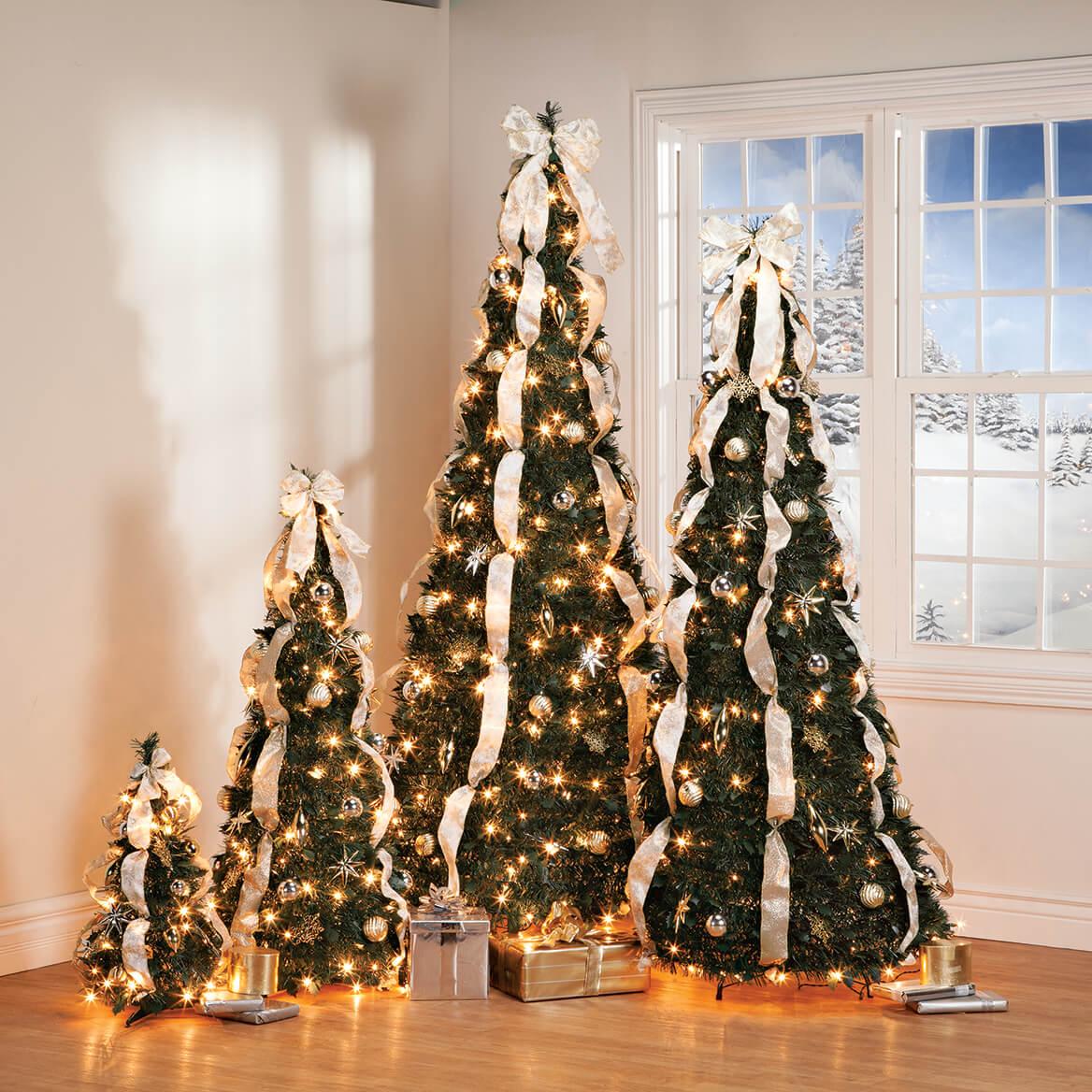 7' Silver &amp; Gold Pull-Up Christmas Tree by Holiday Peak, Pre-Lit and Fully Decorated, Collapses for Easy Storage