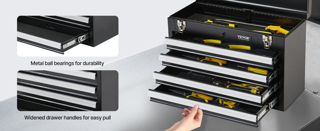 Metal Tool Box, 20.5-inch, Portable Metal Tool Box with 4 Drawers, Small Tool Chest with EVA Liners, Ball Bearing Slide Drawers Loc& Powder Coated Finish, Multi-Function Tool Organizer
