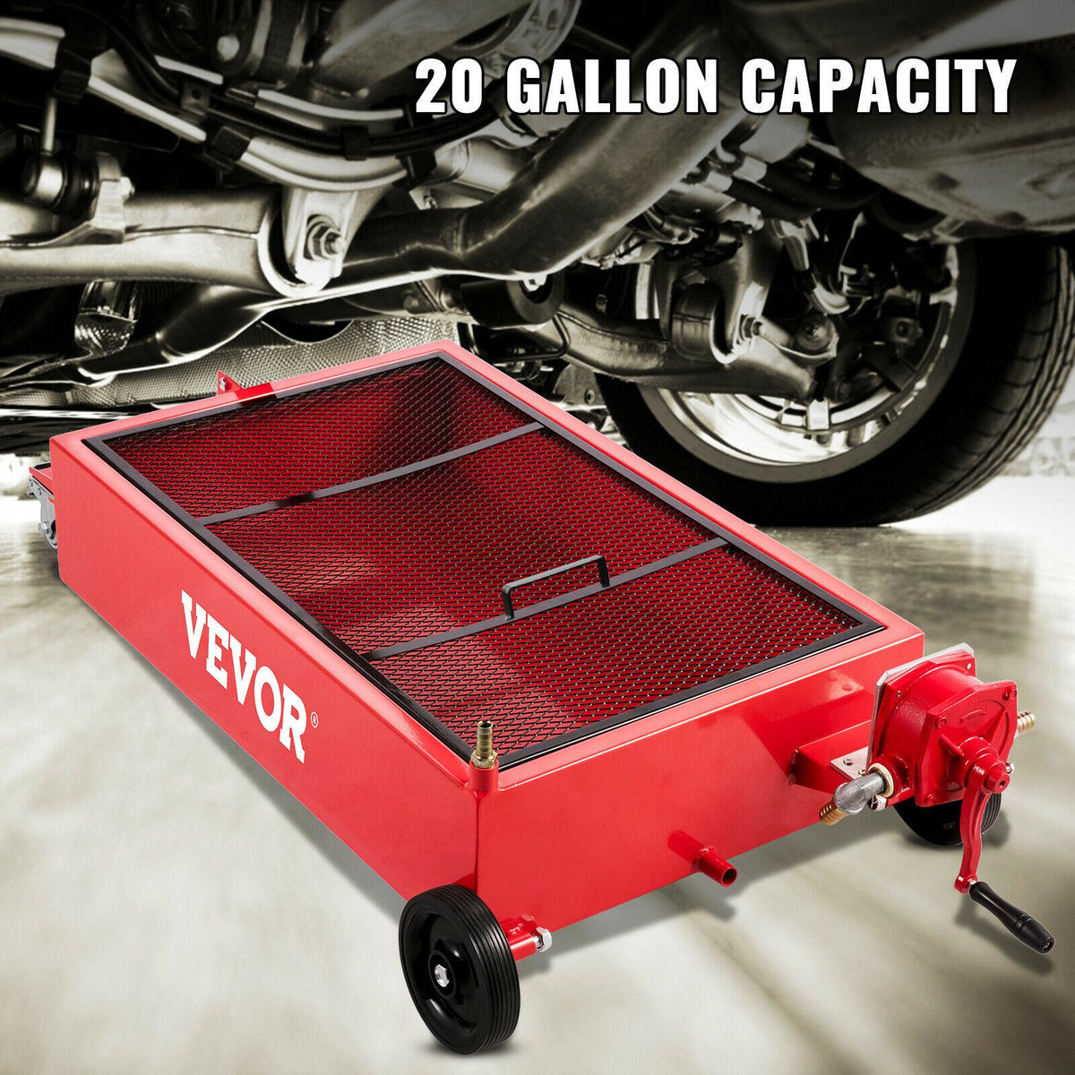 Low Profile Oil Drain Pan Truck Drain Pan 20 Gallon with Pump Hose Casters