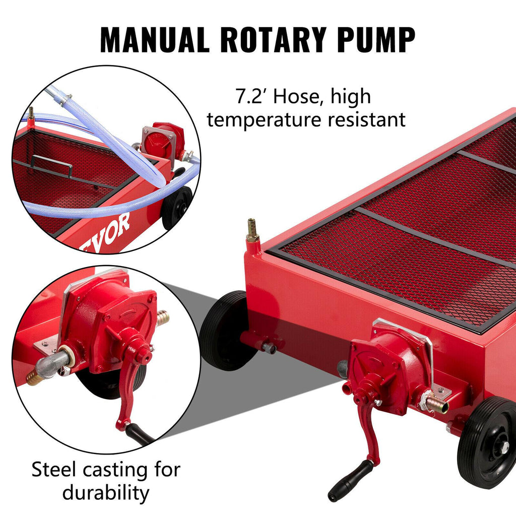 Low Profile Oil Drain Pan Truck Drain Pan 20 Gallon with Pump Hose Casters