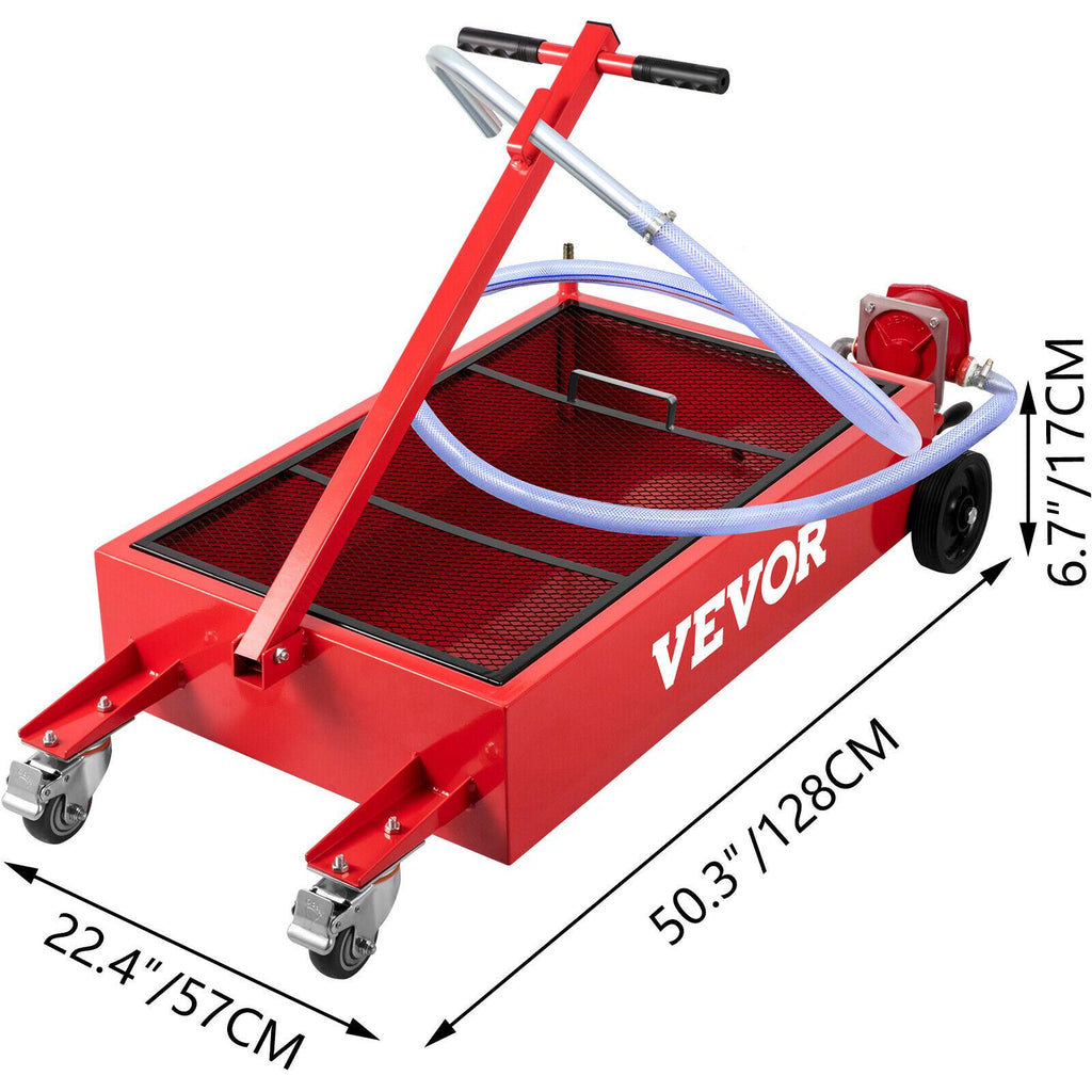 Low Profile Oil Drain Pan Truck Drain Pan 20 Gallon with Pump Hose Casters