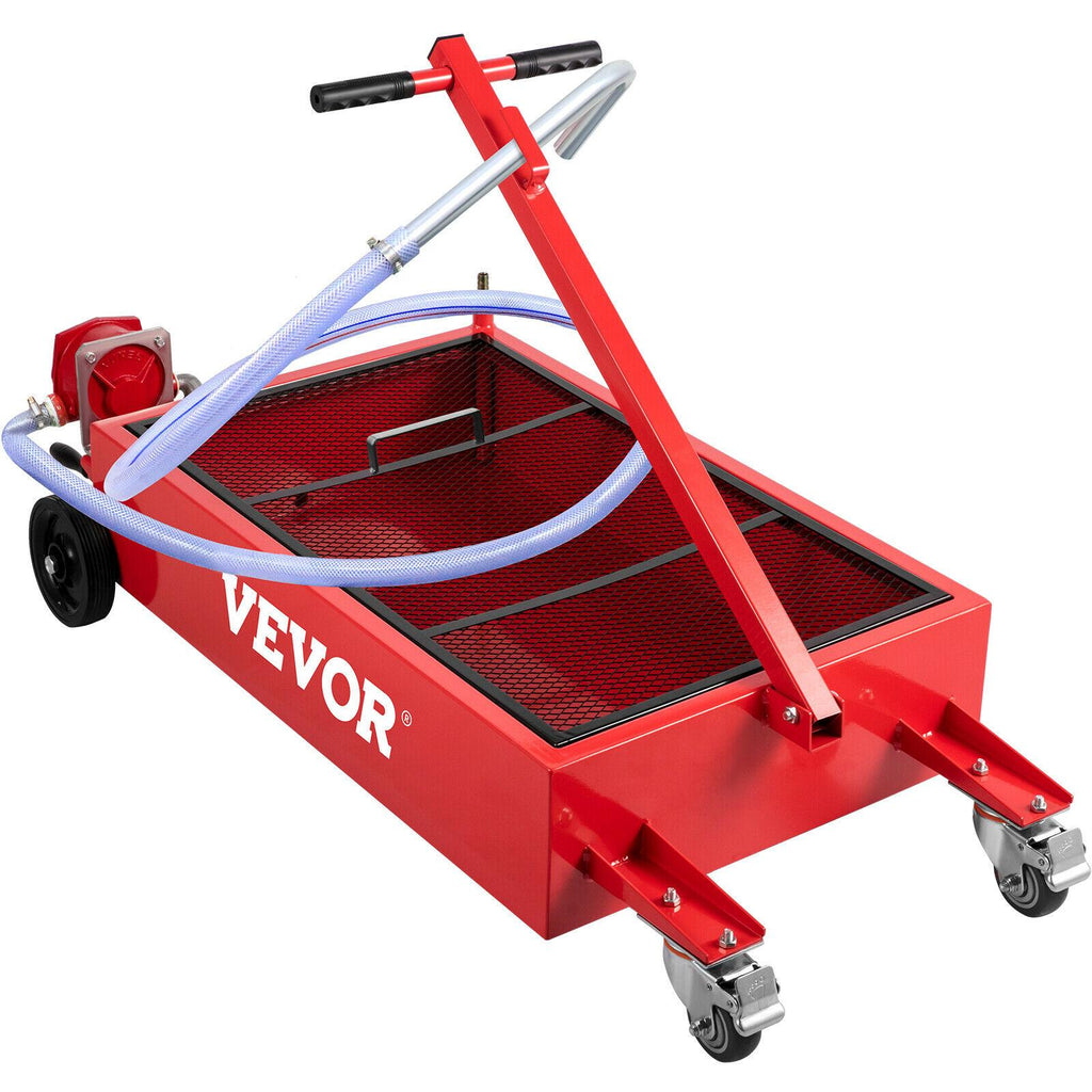 Low Profile Oil Drain Pan Truck Drain Pan 20 Gallon with Pump Hose Casters