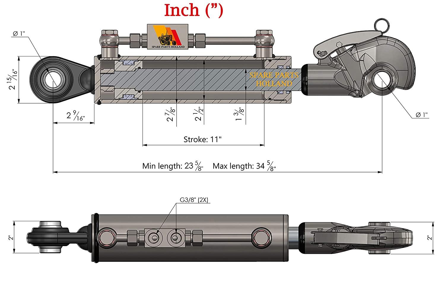 hydraulic top link cat. 2 + 2 catch hooks 23 5/8” - 34 5/8” locking block hoses stroke 11”