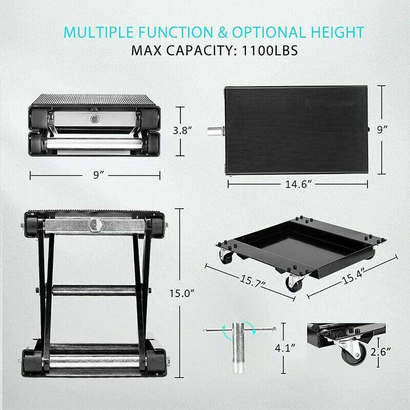 1100Lbs Steel Wide Deck Motorcycle Lift ATV Scissor Lift Jack w Dolly Hand Crank